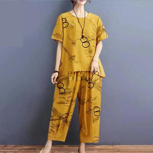 Yellow Ring Printed Capri Night Suit - Anika Fashions
