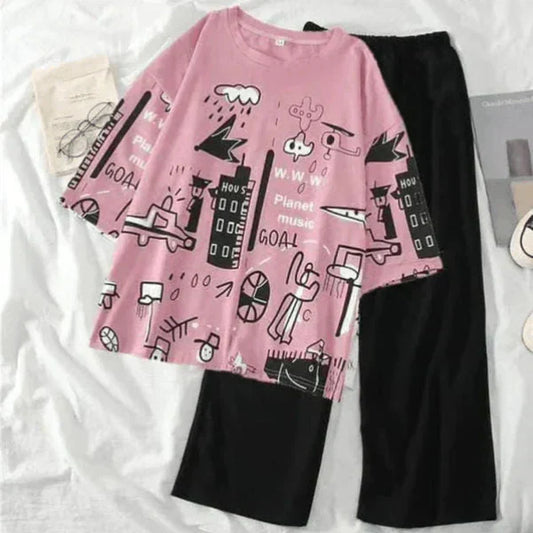 Pink Planet Music With Black Pajama Printed Night Suit - Anika Fashions