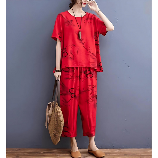 Red Ring Printed Capri Night Suit - Anika Fashions