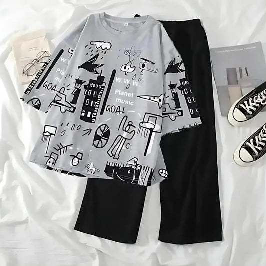 Grey Planet Music With Black Pajama Printed Night Suit - Anika Fashions