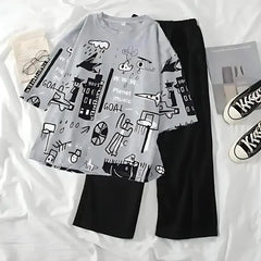 Grey Planet Music With Black Pajama Printed Night Suit - Anika Fashions