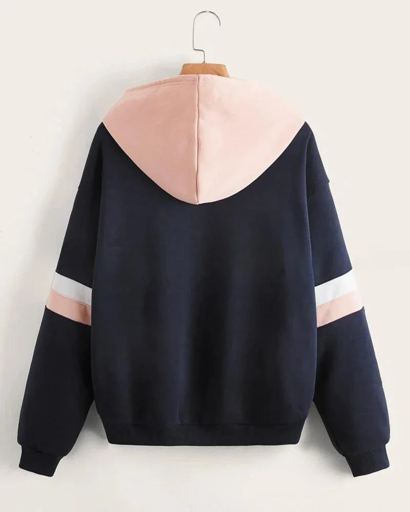 Navy Blue with Pink and White Stripes Zipper Hoodie