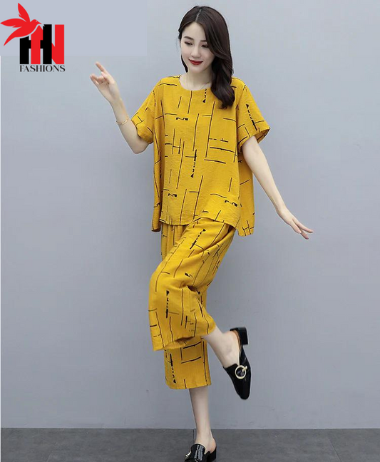 Yellow Printed Capri Night Suit