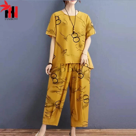 Yellow Ring Printed Capri Night Suit