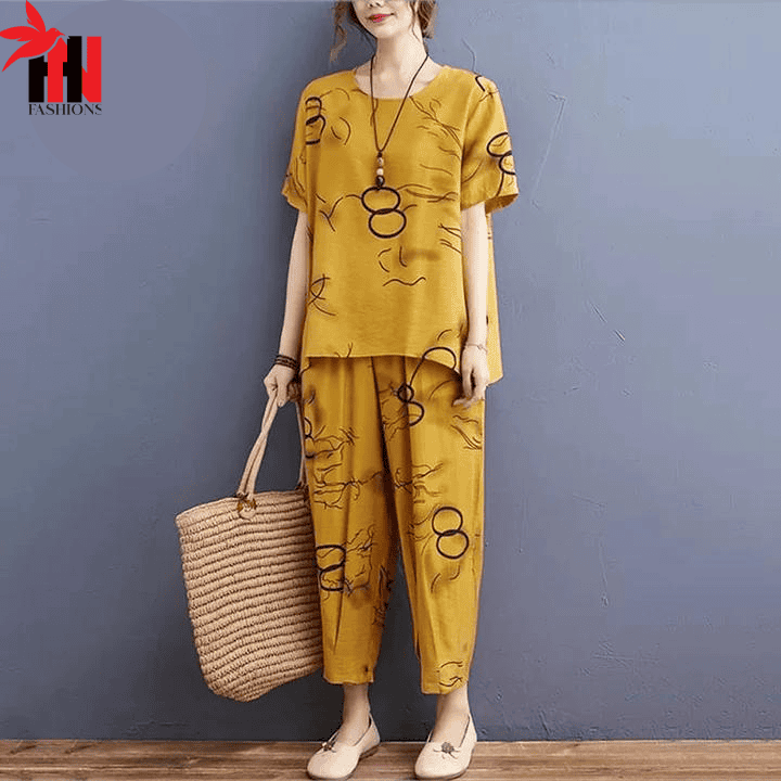 Yellow Ring Printed Capri Night Suit