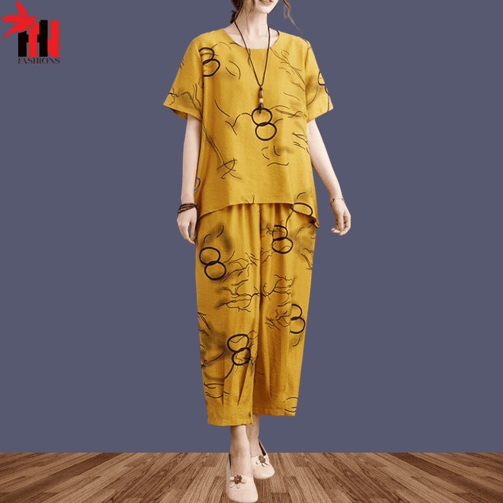 Yellow Ring Printed Capri Night Suit