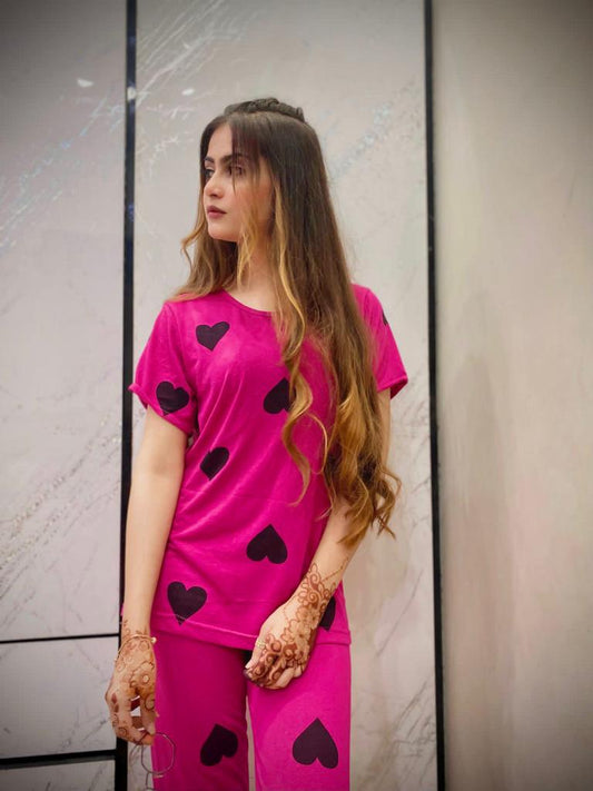 Black Multi Hearts Pink Printed  Night Suit - Anika Fashions