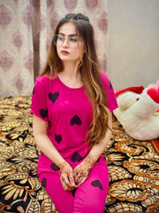 Black Multi Hearts Pink Printed  Night Suit - Anika Fashions
