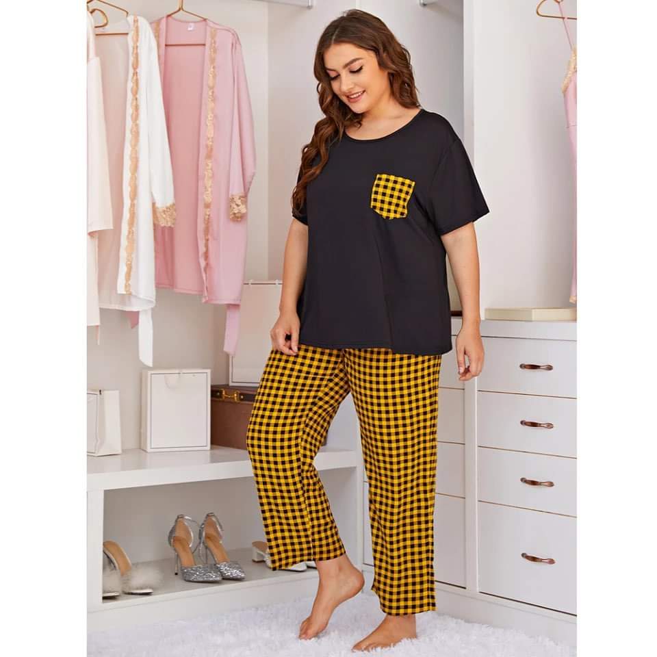 Yellow and Black Check Pocket Printed  Night Suit