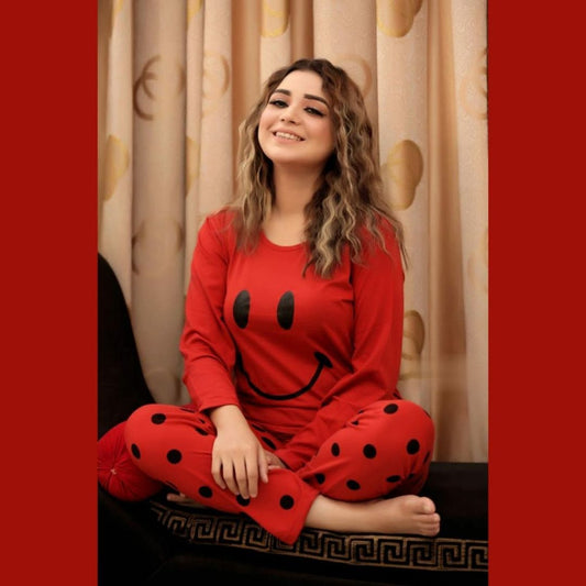 Red Smiley Full Sleeves Printed Pajama Night Suit - Anika Fashions