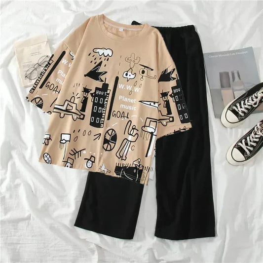 Planet Music With Black Pajama Printed Night Suit - Anika Fashions