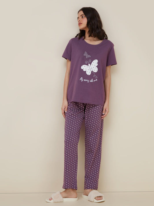 Purple Butterfly Printed  Night Suit - Anika Fashions