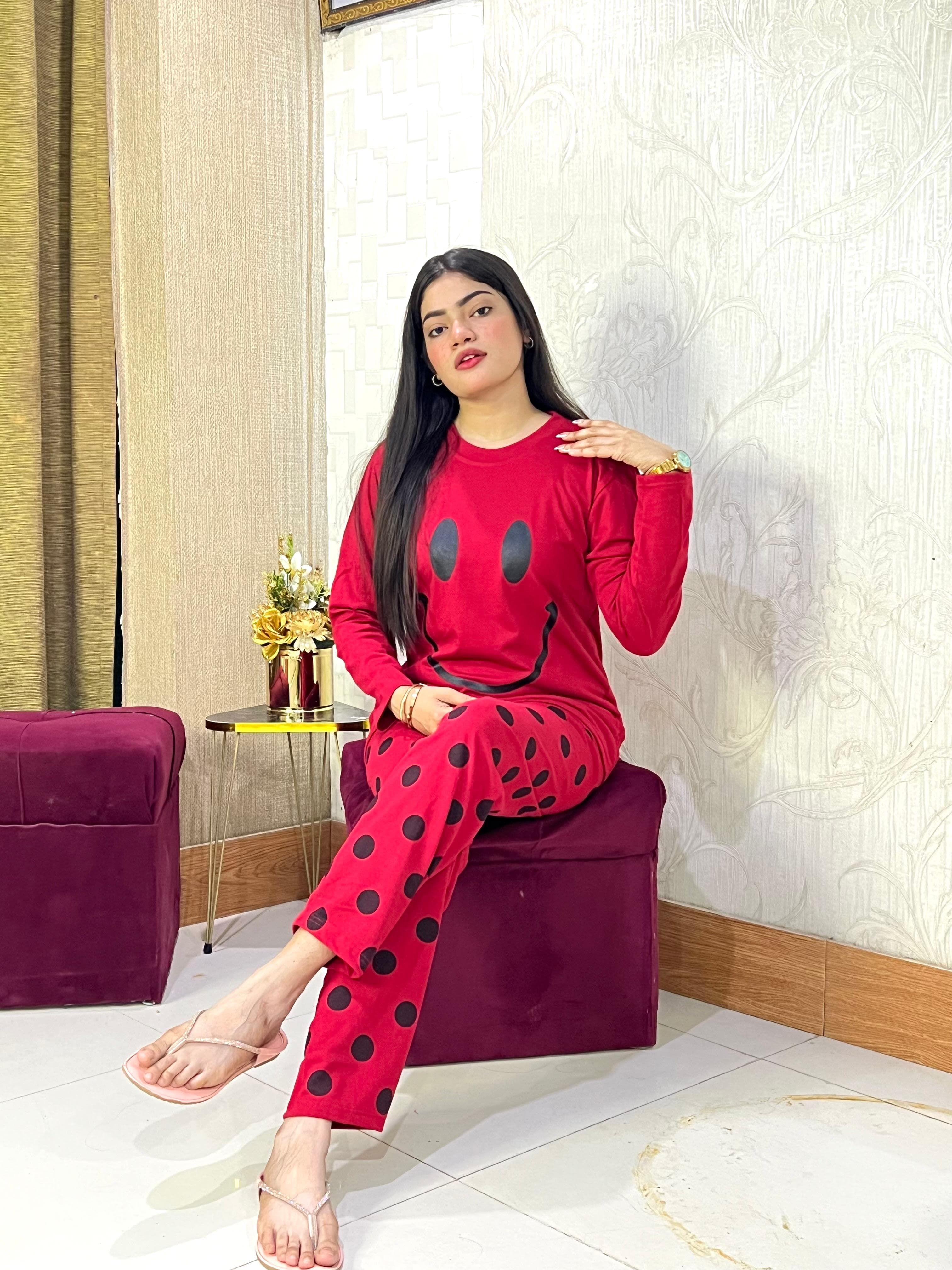 Red Smiley Full Sleeves Printed Pajama Night Suit - Anika Fashions
