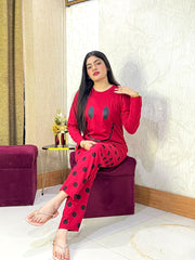 Red Smiley Full Sleeves Printed Pajama Night Suit - Anika Fashions