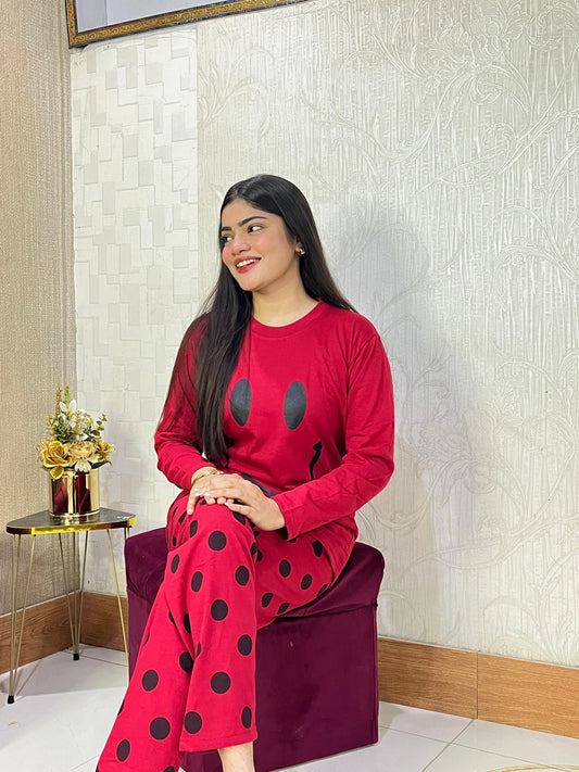 Red Smiley Full Sleeves Printed Pajama Night Suit - Anika Fashions