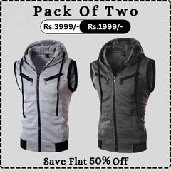 Grey With Charcoal Sleeveless Hooded Zipper Pack Of Two
