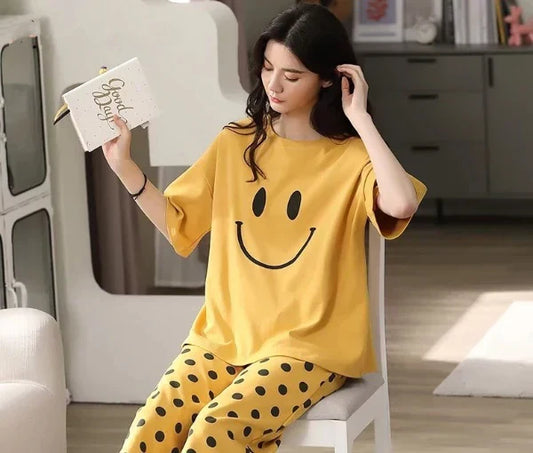 Yellow Smiley Printed  Night Suit - Anika Fashions