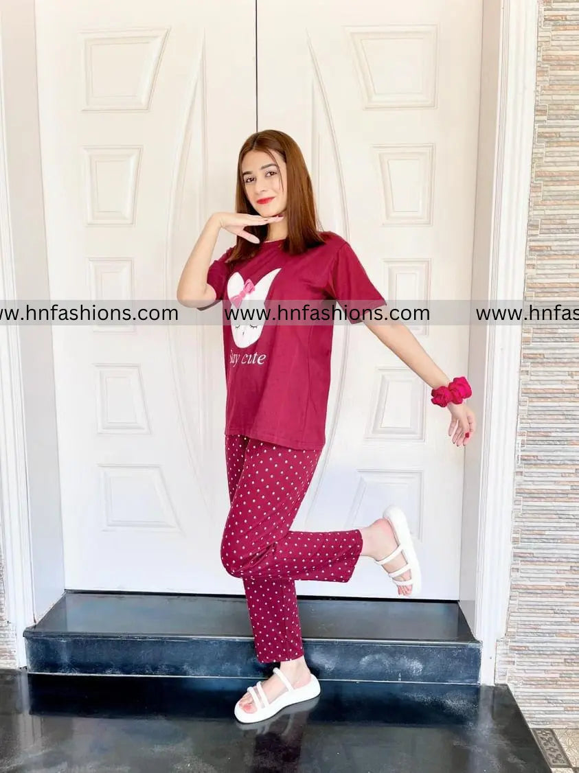 Maroon Stay Cute Printed Night Suit